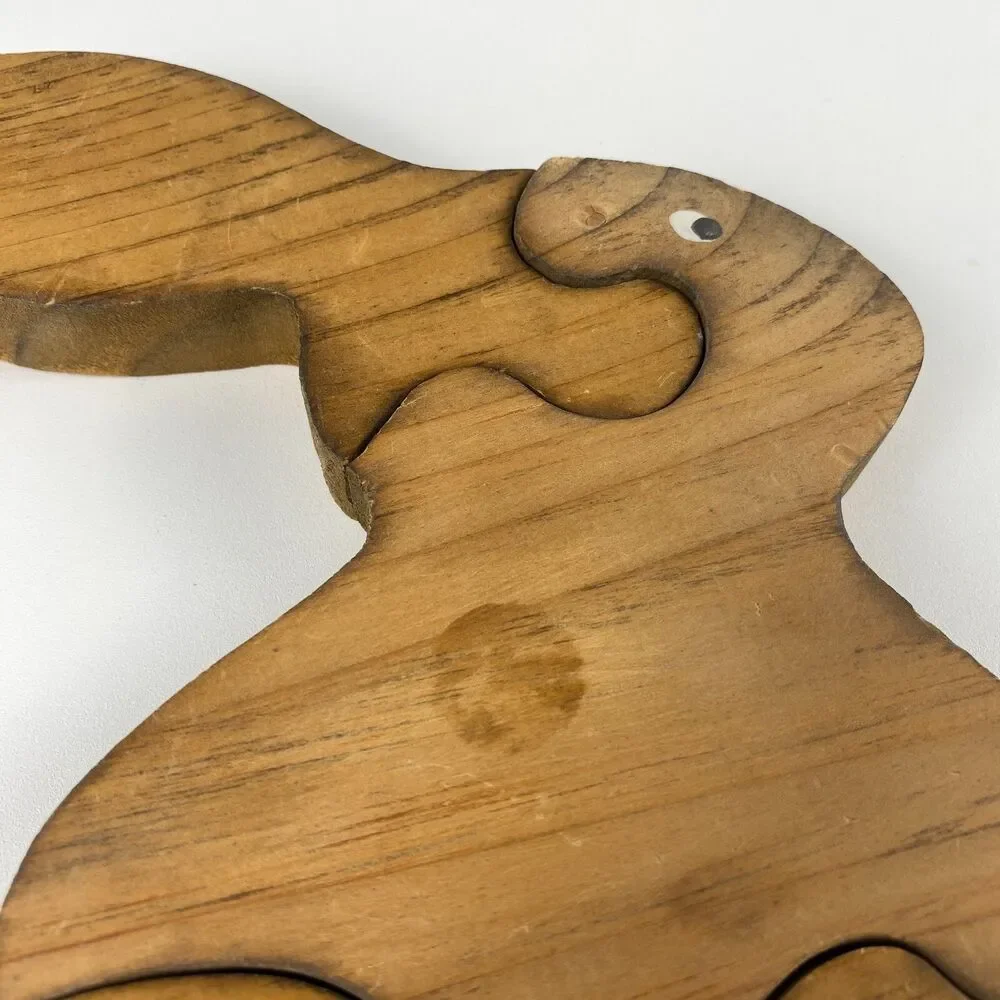 VTG Handmade Stained Wooden Bunny Jigsaw Puzzle Figurine Retro Decor 9